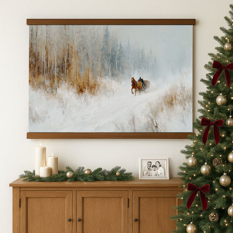 a wooden cabinet with a framed painting of a horse and carriage on the wall above it, a Christmas tree to the right, and a small framed photo on the cabinet.