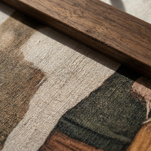 a close-up view of a wooden frame with a textured fabric or material inside it.