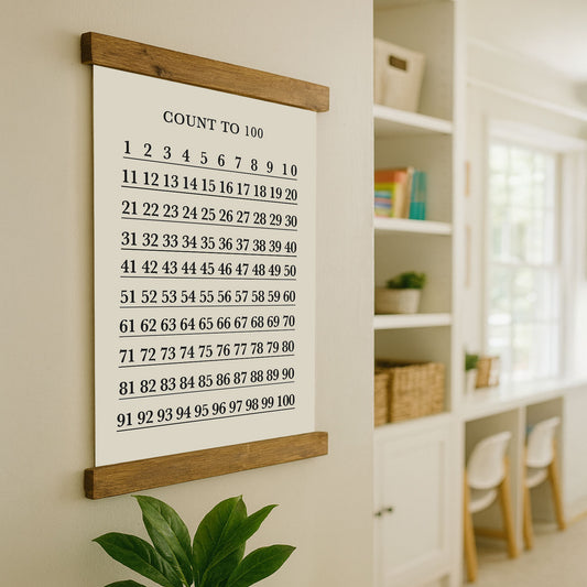 a white wall with a wooden frame displaying a counting chart from 1 to 100.