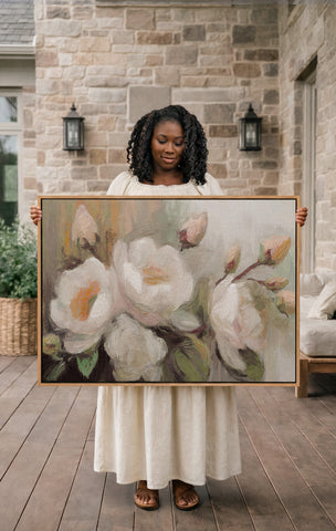 A woman in a white dress holds a large painting of white flowers on a wooden deck in front of a stone wall.