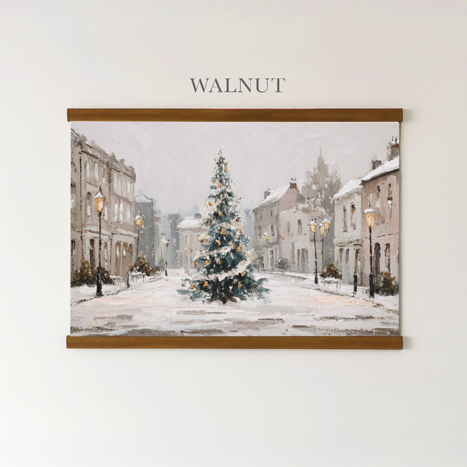 A painting of a snowy town street with a large Christmas tree in the center, surrounded by buildings and street lamps.