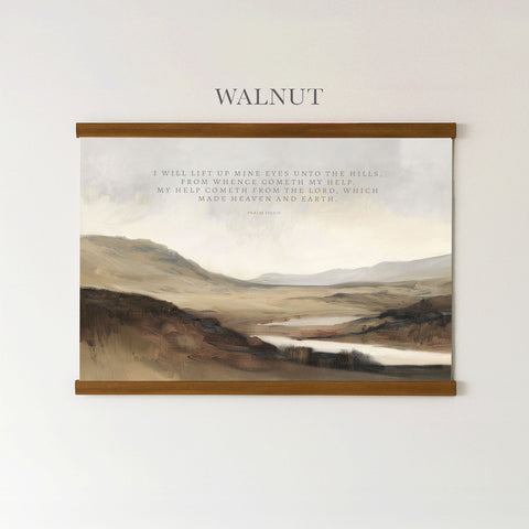 The image is a framed painting depicting a serene landscape with mountains, a river, and a cloudy sky. The painting is mounted on a wall, and there is a quote from the Bible, specifically Psalm 23:4, which reads, 
