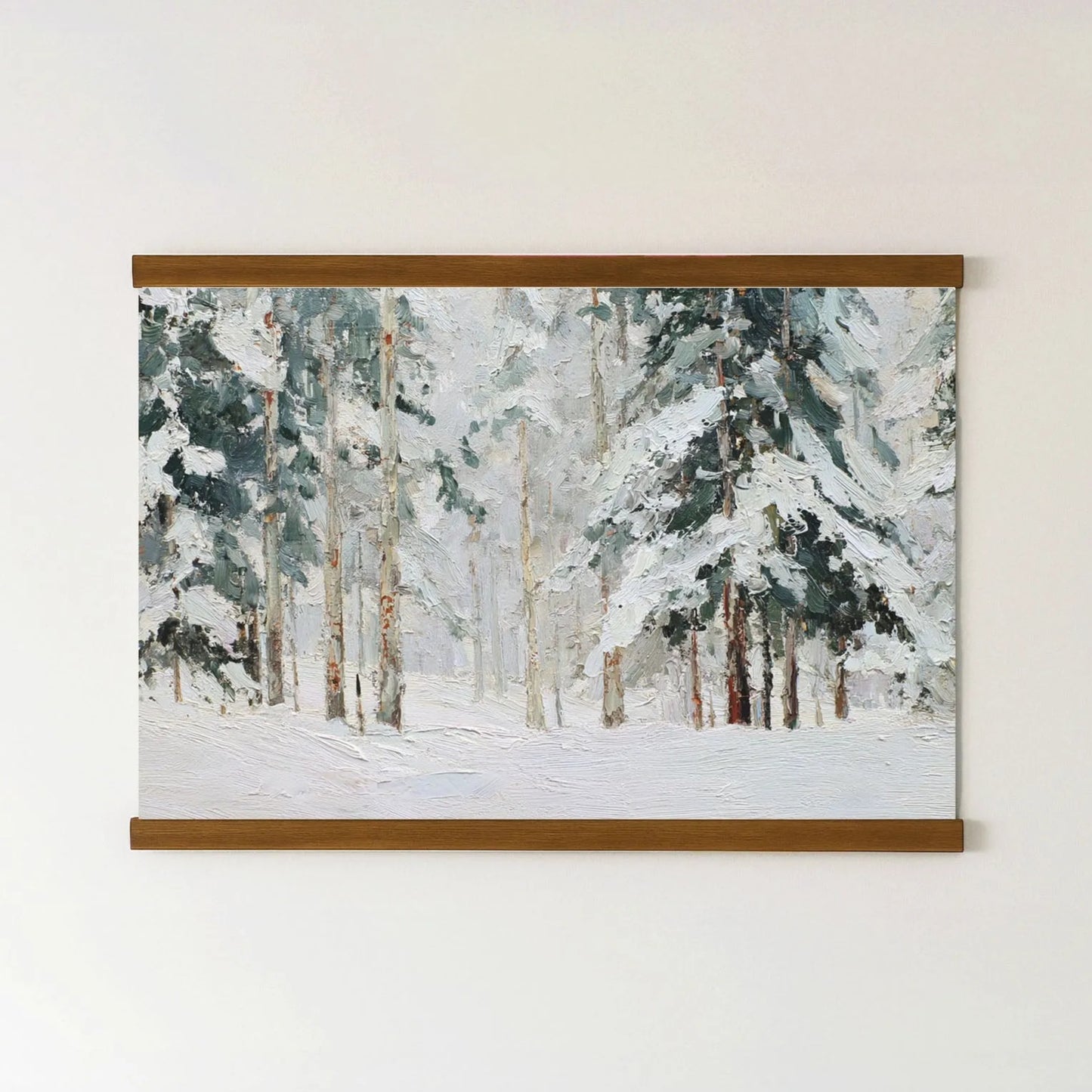 The image is a painting of a snowy forest scene, depicting a winter landscape with snow-covered trees and a snowy ground.