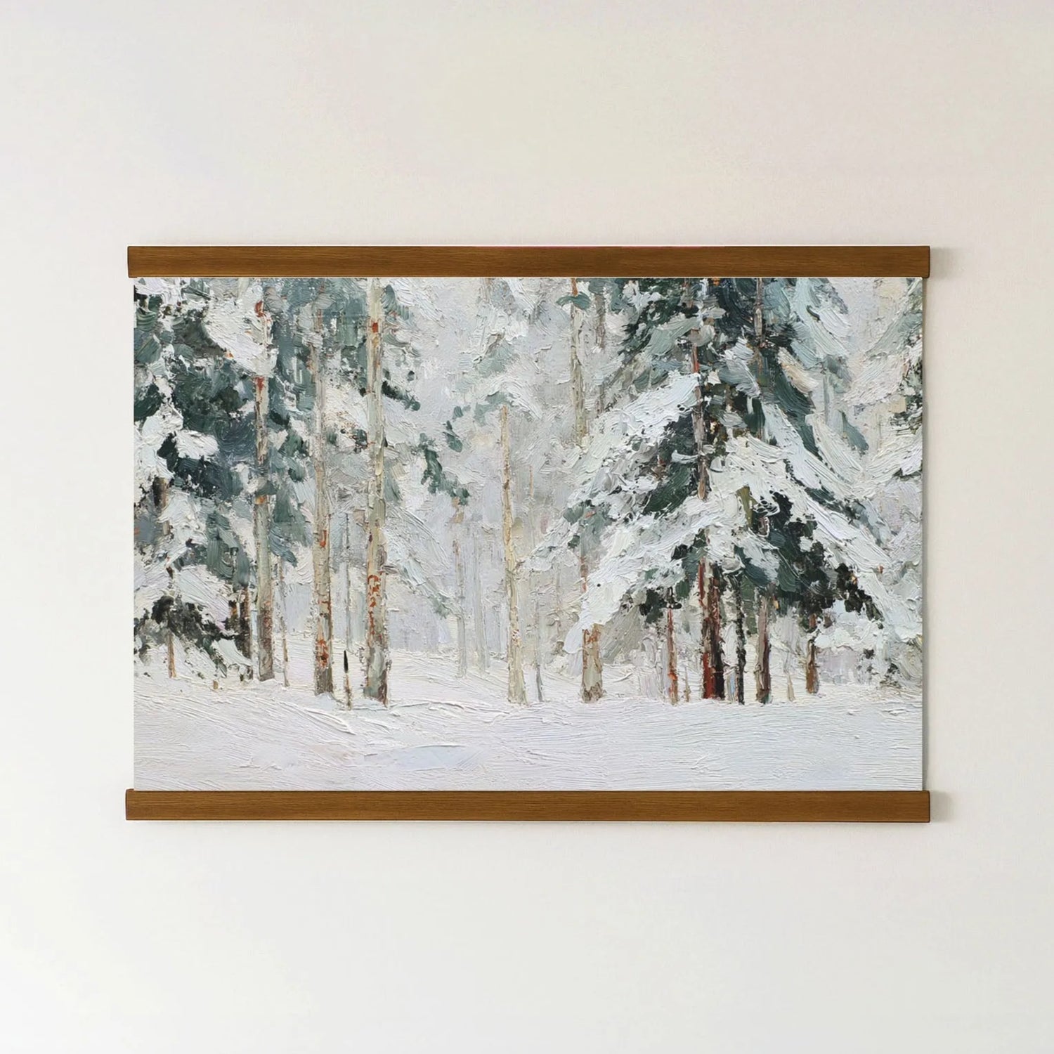 The image is a painting of a snowy forest scene, depicting a winter landscape with snow-covered trees and a snowy ground.
