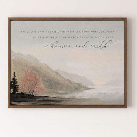 The image is a framed print featuring a serene landscape with mountains, trees, and a body of water. The text overlay provides a biblical quote from the Bible, Psalm 112:1-2, which reads 