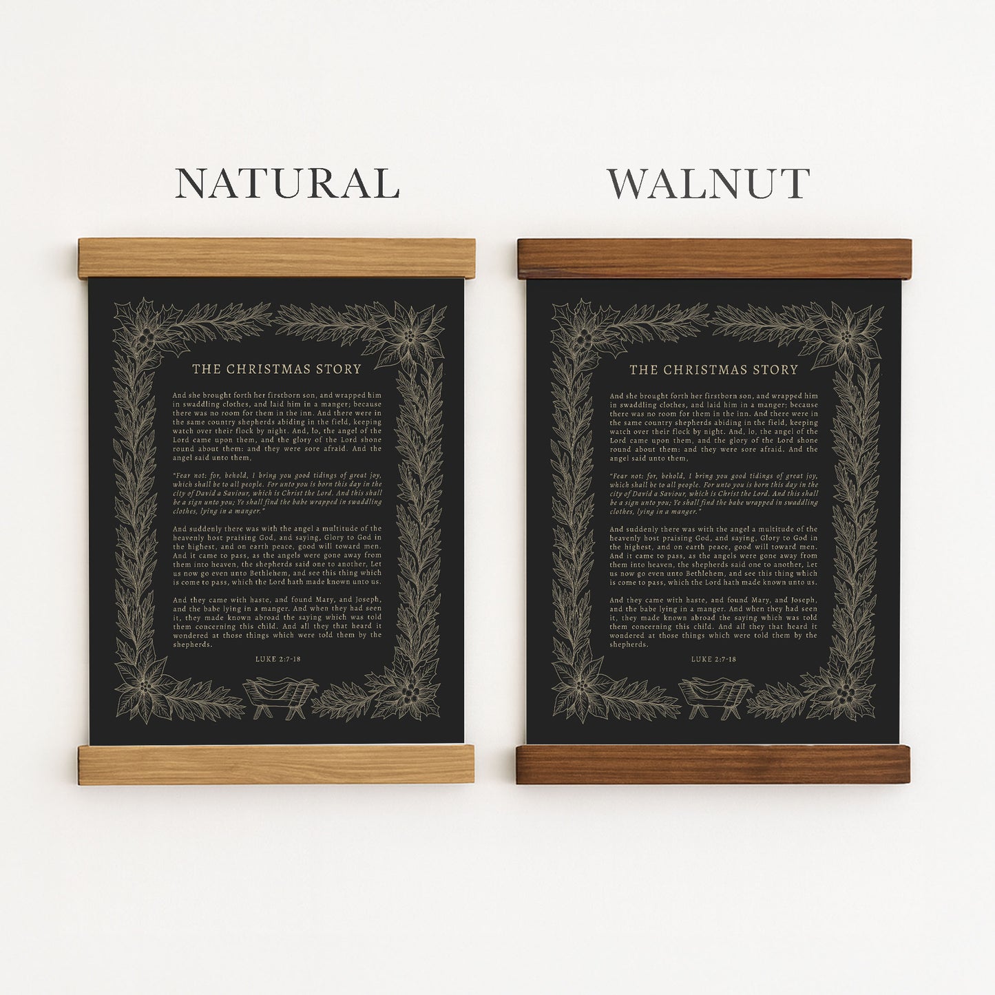 two framed prints with text, one labeled "Natural" and the other labeled "Walnut".