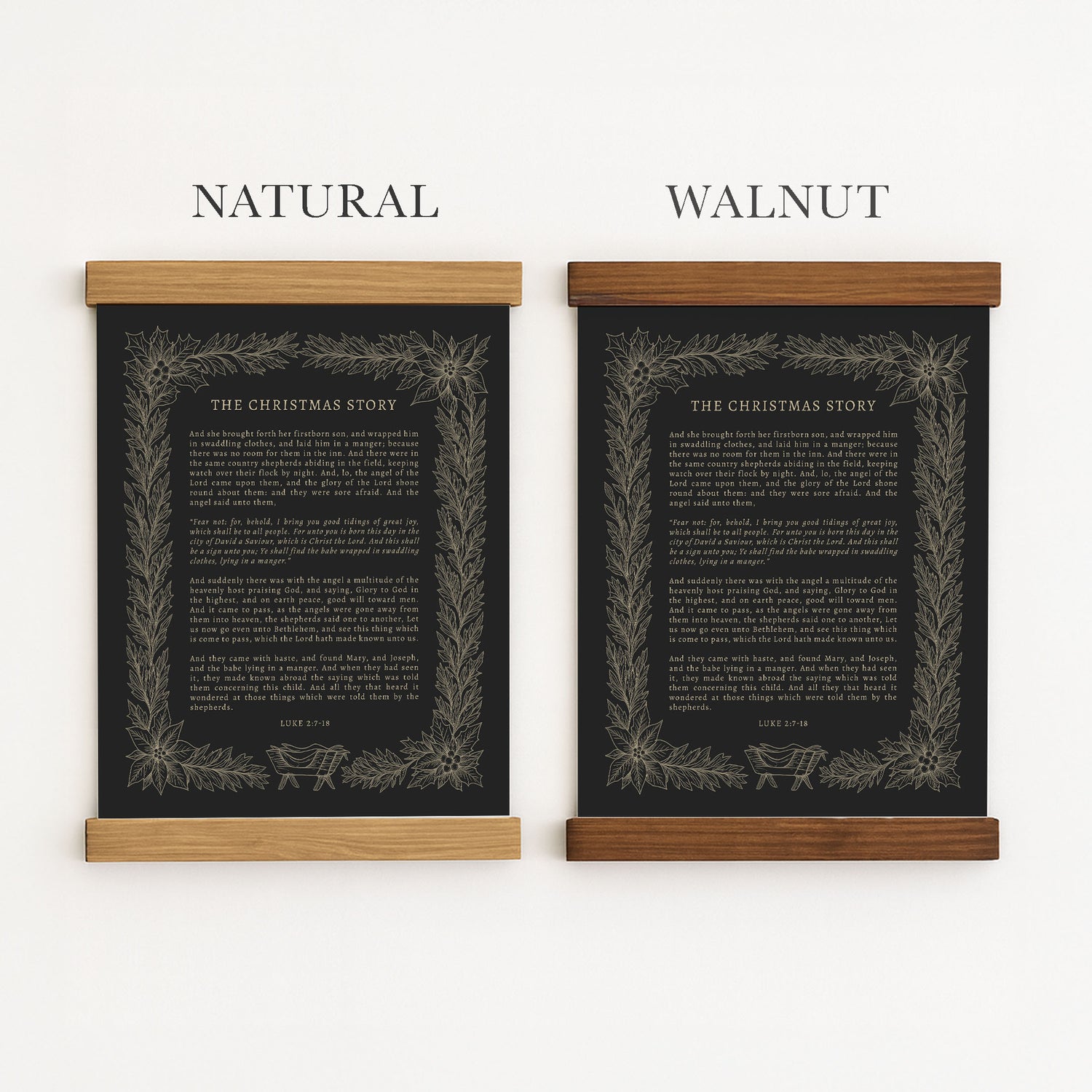 two framed prints with text, one labeled "Natural" and the other labeled "Walnut".