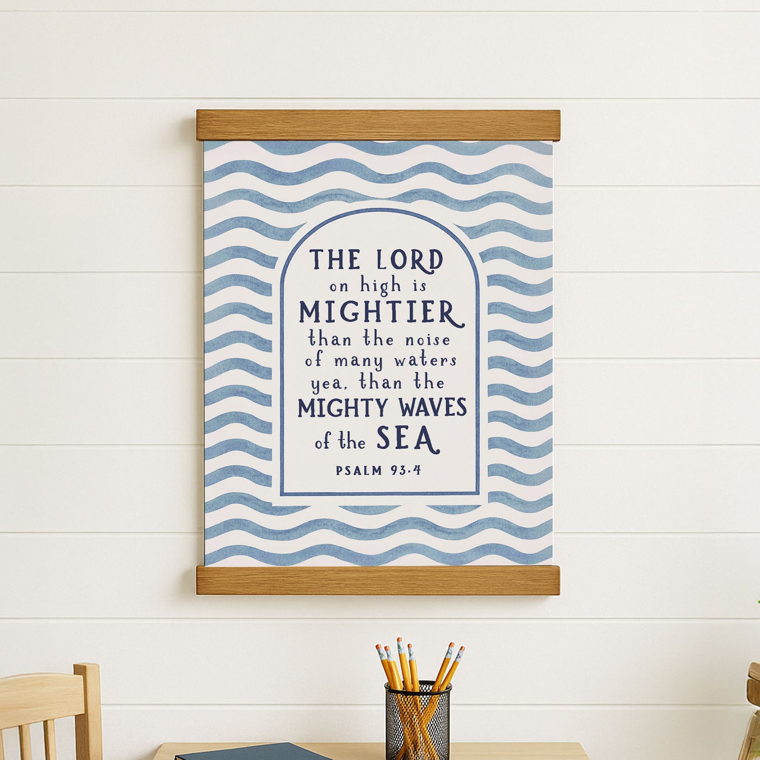 a wall hanging with a blue and white wave pattern, and it displays a biblical verse from the book of Psalm 23:4-5.