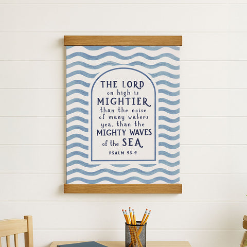 a wall hanging with a blue and white wave pattern, and it displays a biblical verse from the book of Psalm 23:4-5.