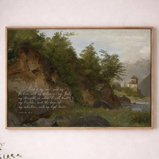 a painting of a serene landscape with a river, trees, and a building in the background. The painting is hung on a wall above a wooden table with a plant on it.