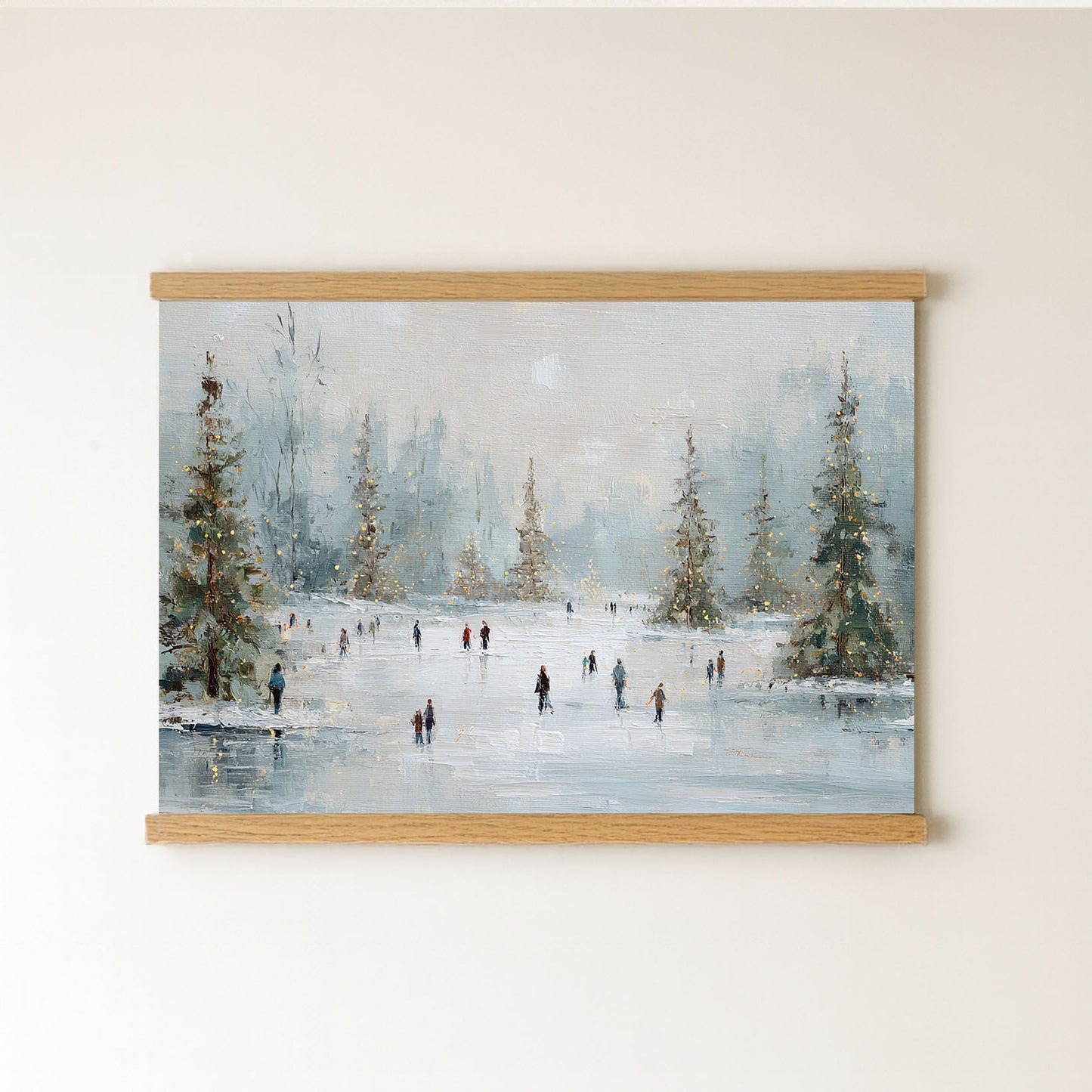 a group of people ice skating on a frozen lake, surrounded by snow-covered trees and a wintry landscape.