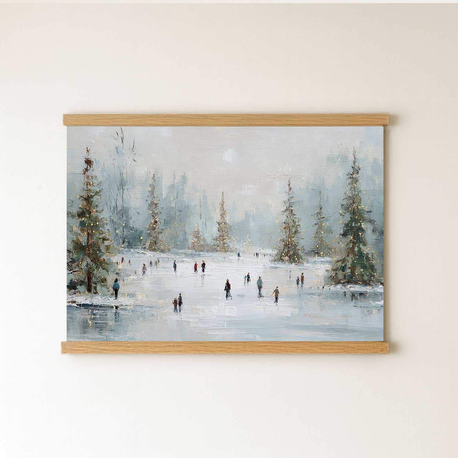 a group of people ice skating on a frozen lake, surrounded by snow-covered trees and a wintry landscape.