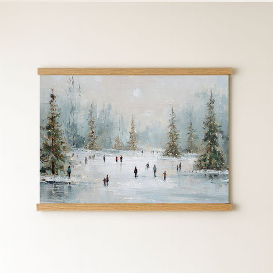 a group of people ice skating on a frozen lake, surrounded by snow-covered trees and a wintry landscape.