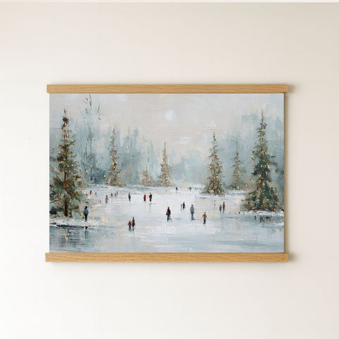 a group of people ice skating on a frozen lake, surrounded by snow-covered trees and a wintry landscape.