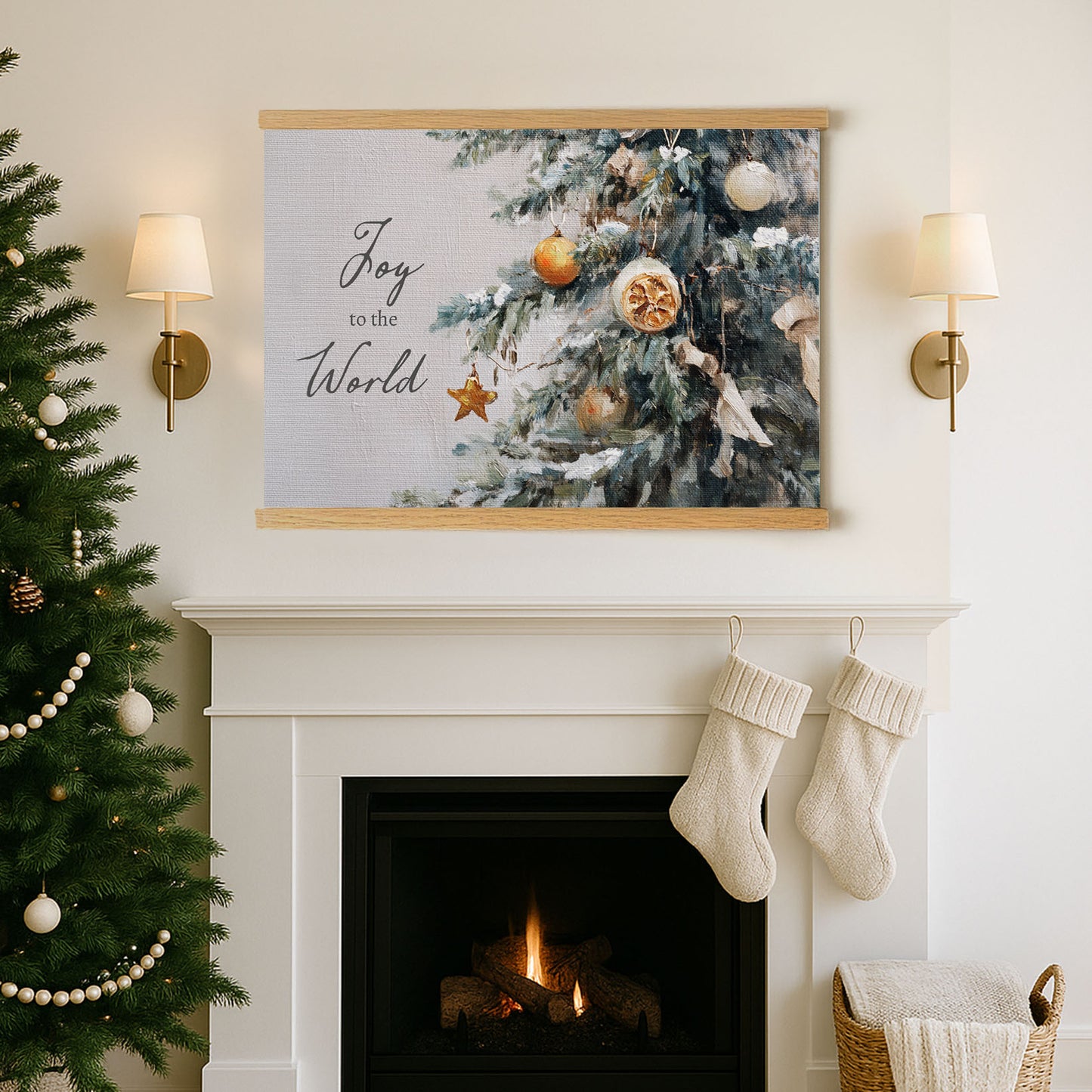 a cozy Christmas scene with a decorated Christmas tree, a fireplace, and two white stockings hanging above it.