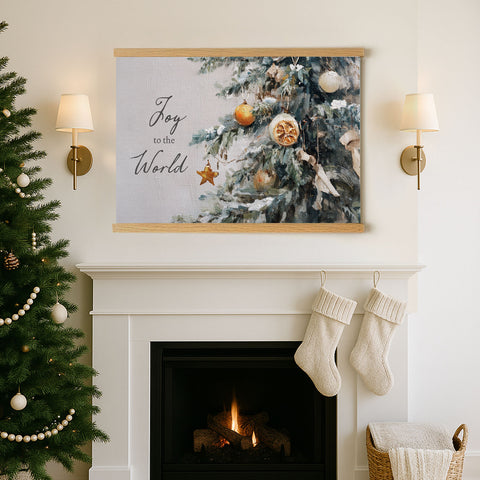 a cozy Christmas scene with a decorated Christmas tree, a fireplace, and two white stockings hanging above it.