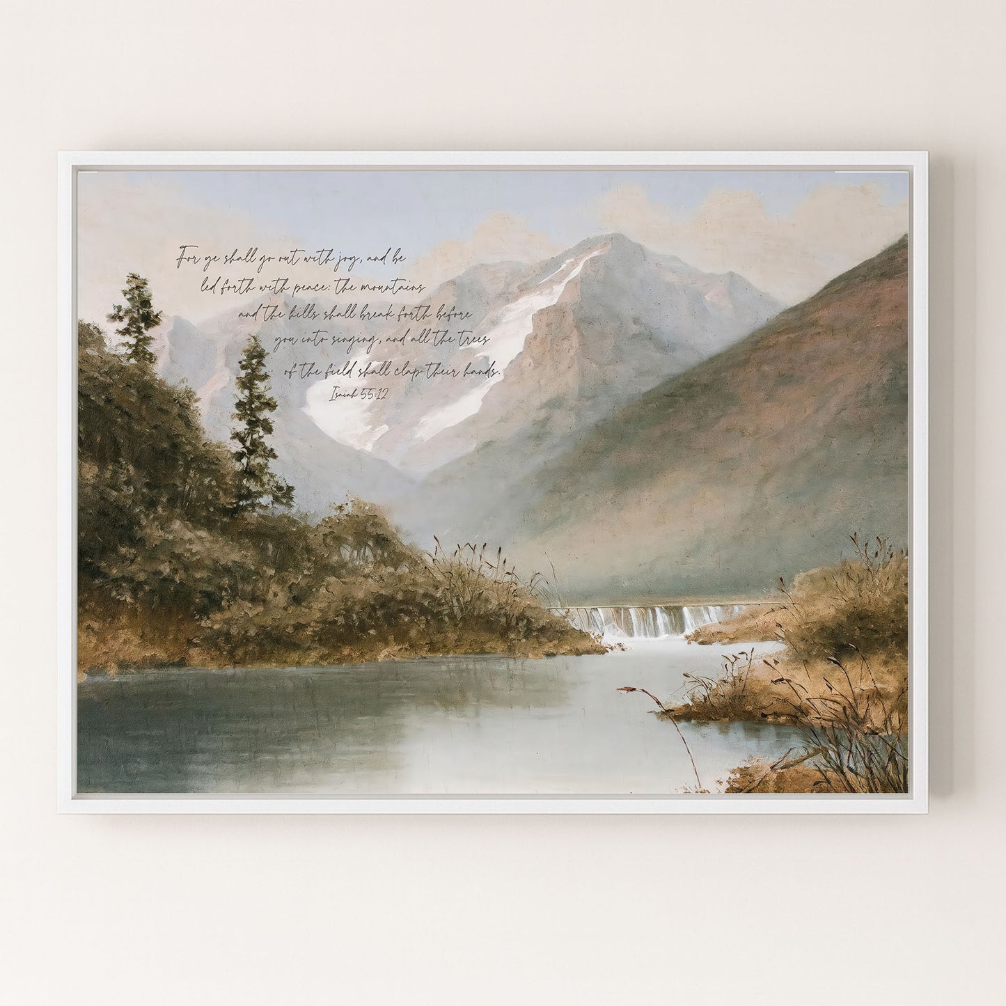 a serene mountain landscape with a calm lake in the foreground, surrounded by lush vegetation and towering peaks.