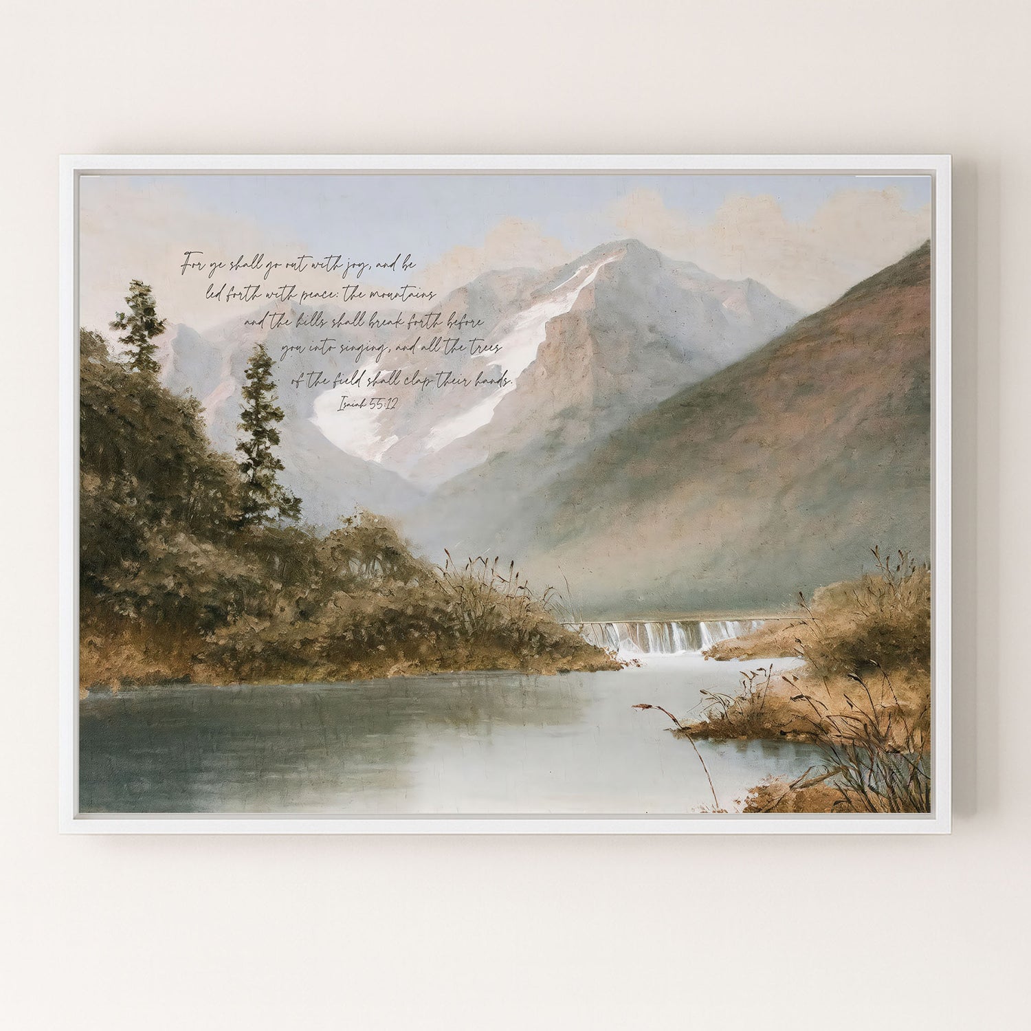a serene mountain landscape with a calm lake in the foreground, surrounded by lush vegetation and towering peaks.