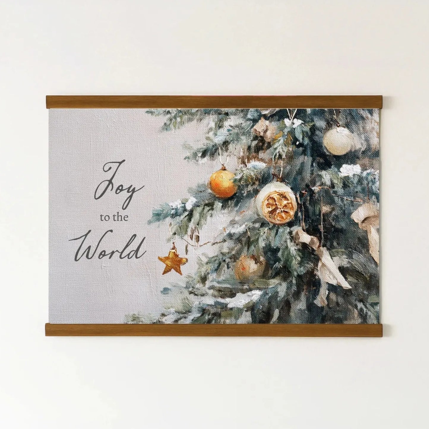 The image is a framed painting depicting a Christmas tree adorned with ornaments, including a star and a ball. The text "Joy to the World" is written in cursive at the top of the painting.