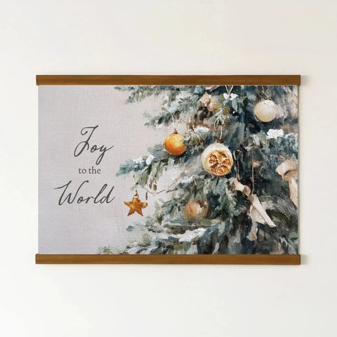 The image is a framed painting depicting a Christmas tree adorned with ornaments, including a star and a ball. The text 