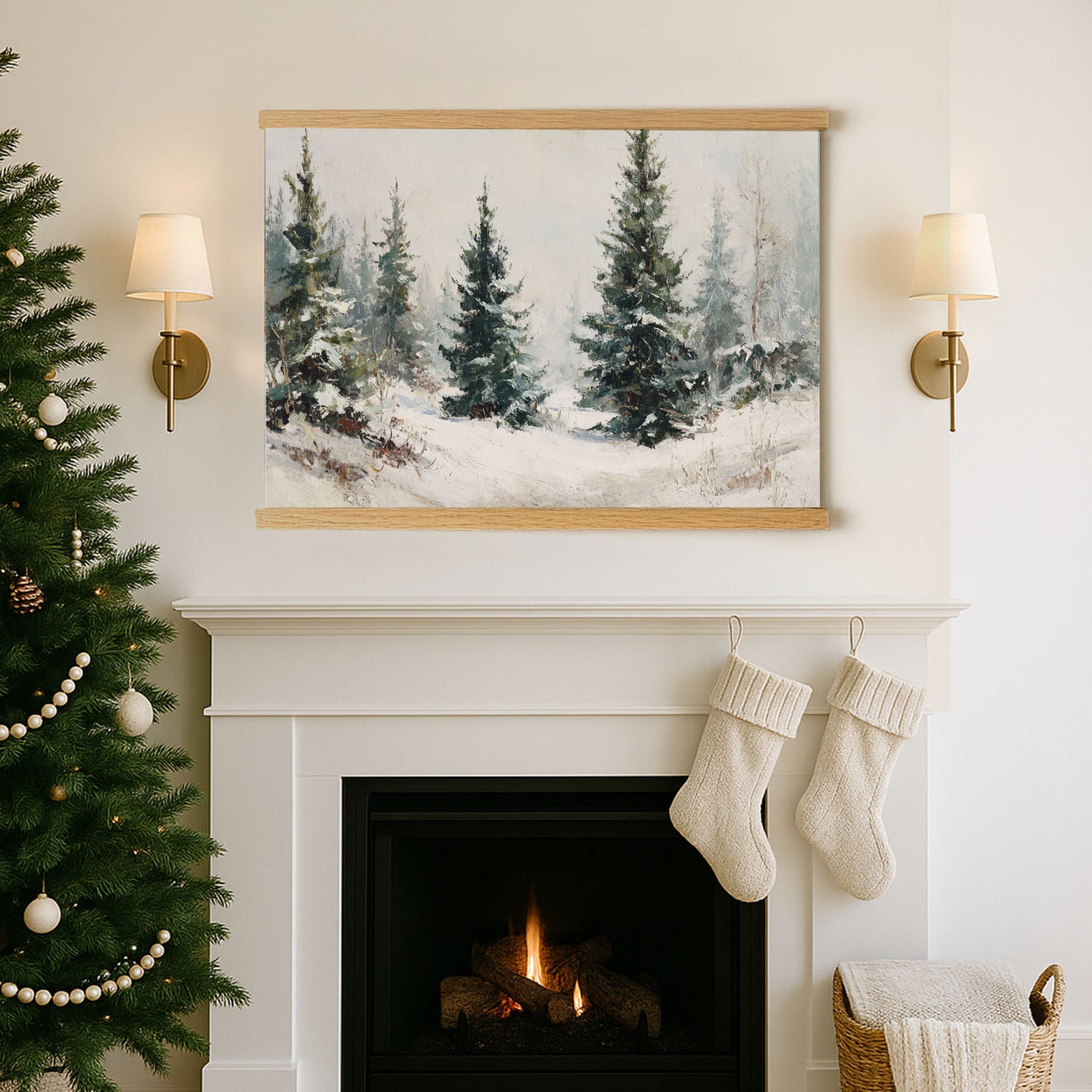 a cozy Christmas scene with a fireplace, a painting of a snowy forest, and stockings hanging above it.