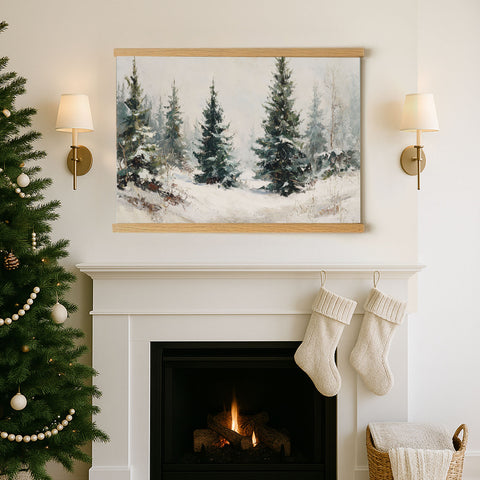 a cozy Christmas scene with a fireplace, a painting of a snowy forest, and stockings hanging above it.