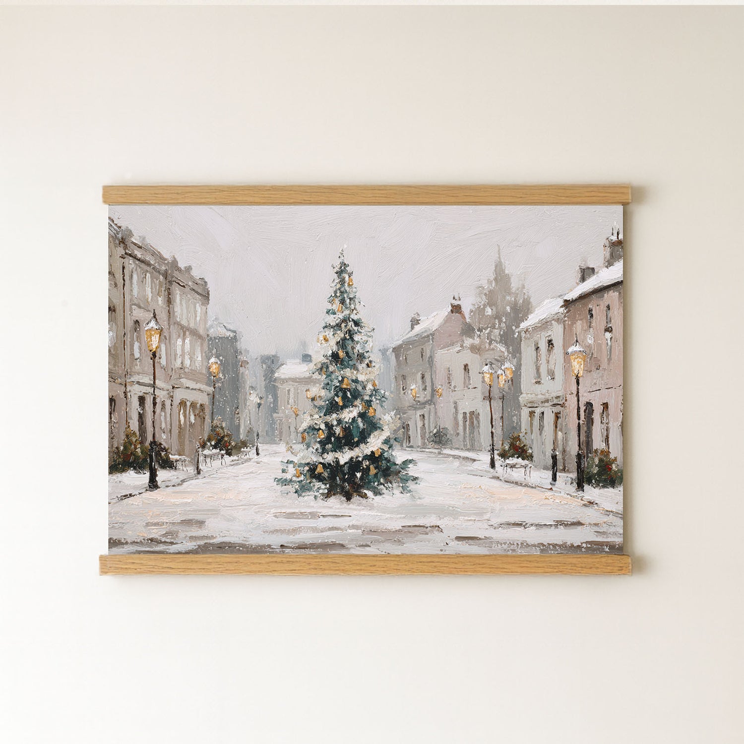 A painting of a snowy street scene with a large Christmas tree in the center, surrounded by buildings and street lamps.