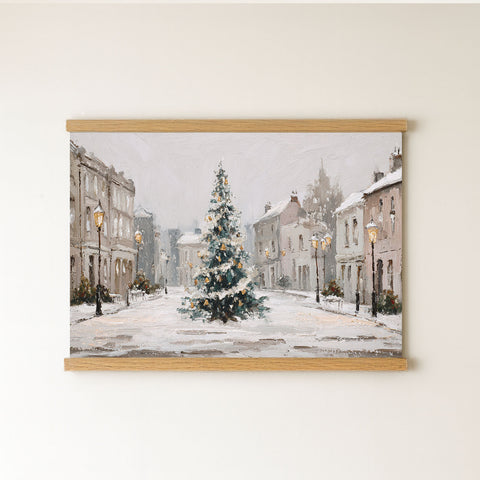 A painting of a snowy street scene with a large Christmas tree in the center, surrounded by buildings and street lamps.