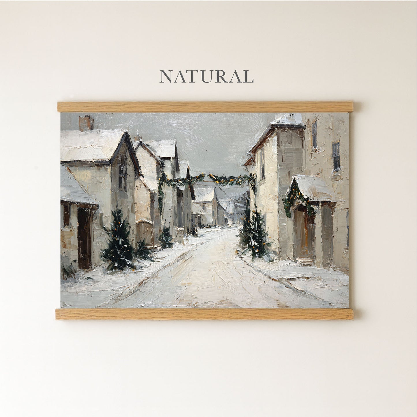 The image is a painting of a snowy village street with houses and trees, depicting a natural and serene winter scene.