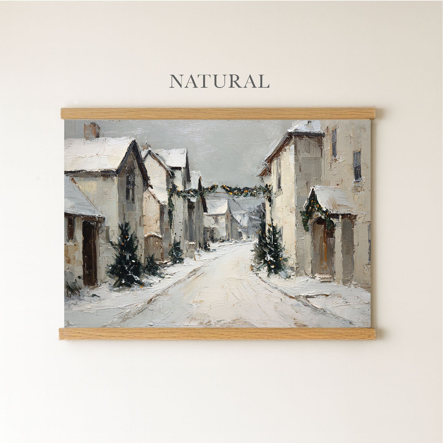 The image is a painting of a snowy village street with houses and trees, depicting a natural and serene winter scene.