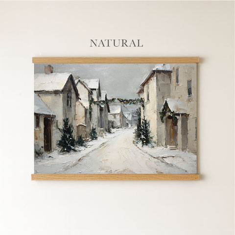 The image is a painting of a snowy village street with houses and trees, depicting a natural and serene winter scene.