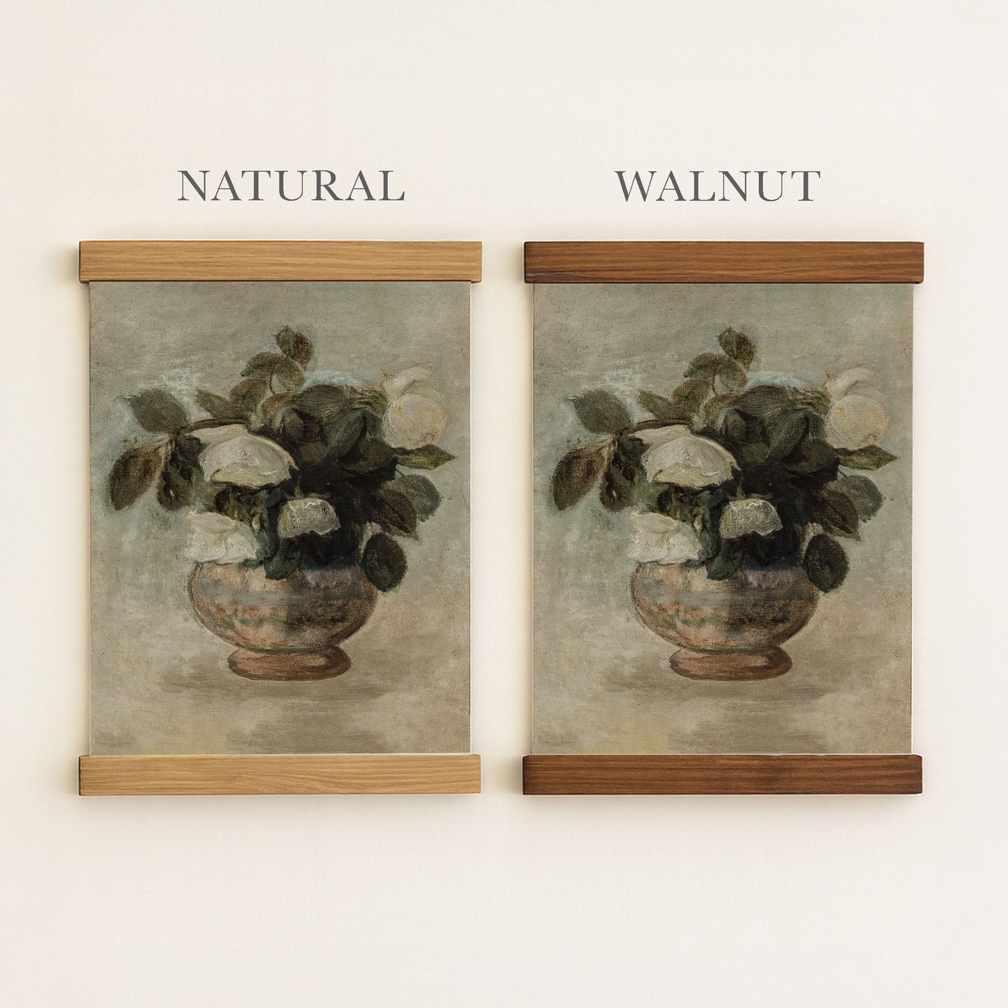 two framed paintings of a vase with flowers, one labeled "Natural" and the other "Walnut".