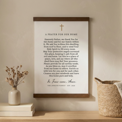A framed prayer for the home, featuring a list of prayers and a personal message from the JENKINS FAMILY, EST. 2010.