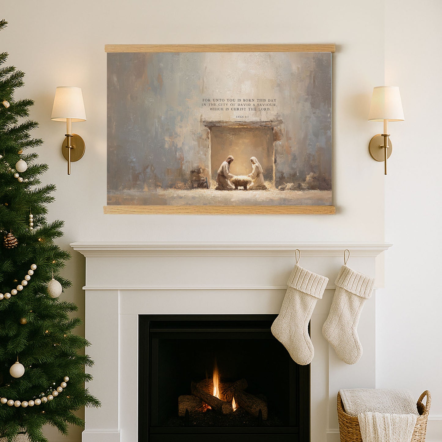 a cozy Christmas scene with a fireplace, a Christmas tree, and a painting of the Nativity above it.