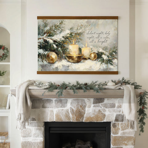 a cozy fireplace adorned with a wreath and candles, creating a warm and inviting atmosphere.
