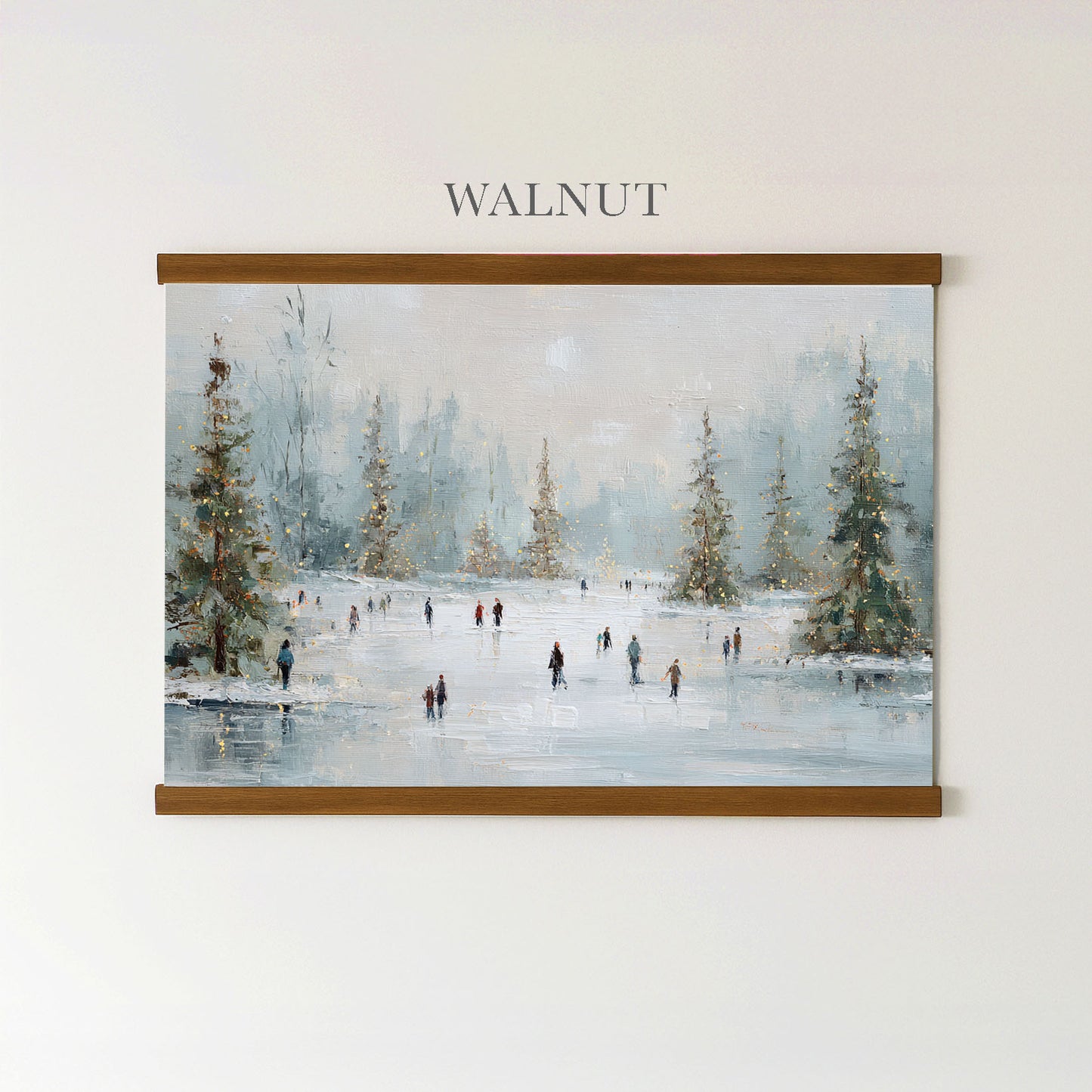 The image is a painting of a snowy winter scene with people walking on a frozen lake.