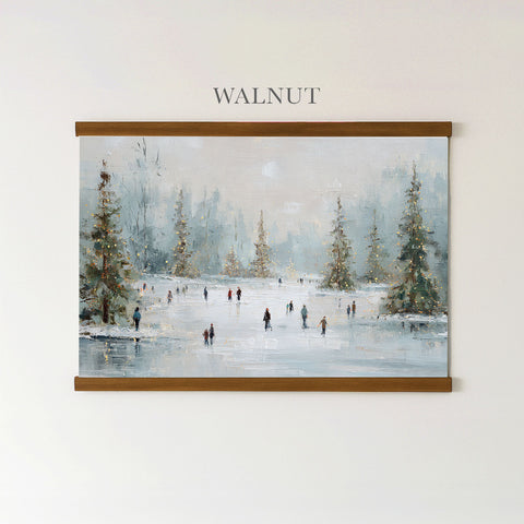 The image is a painting of a snowy winter scene with people walking on a frozen lake.
