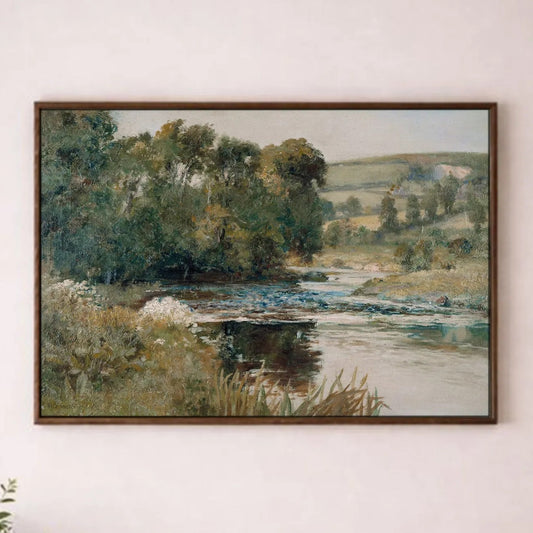 a large painting of a serene landscape hanging on a white wall in a hallway. The painting depicts a peaceful scene with a river, trees, and a field, creating a calming atmosphere. The hallway has a wooden floor and a rug, adding to the overall aesthetic of the space.