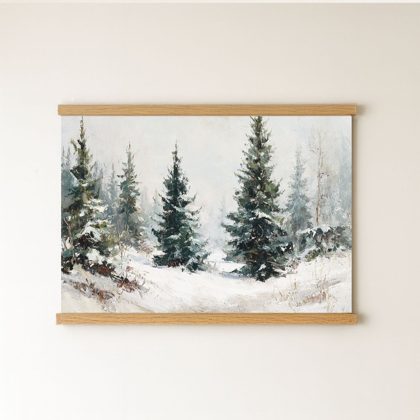A painting of a snowy forest with tall pine trees, depicting a serene winter landscape.