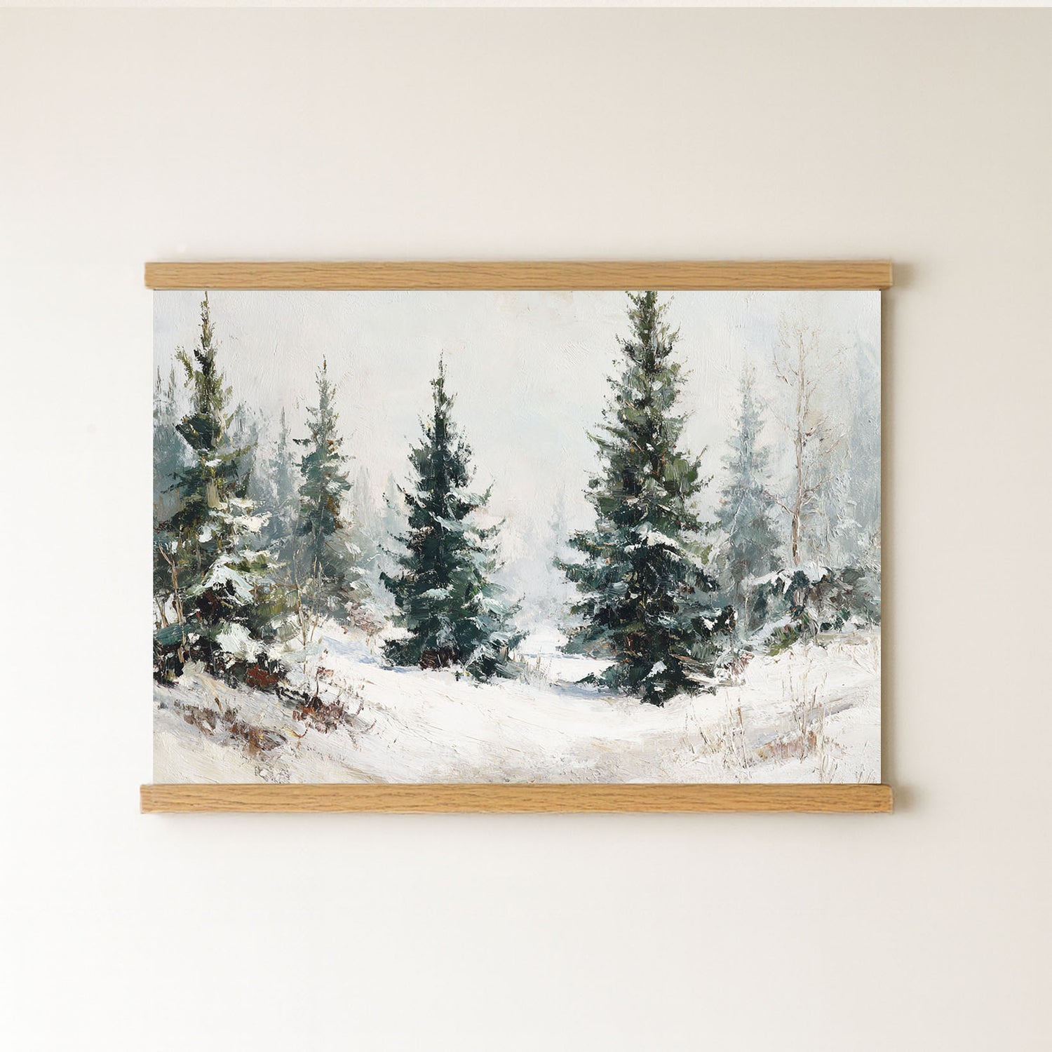 A painting of a snowy forest with tall pine trees, depicting a serene winter landscape.