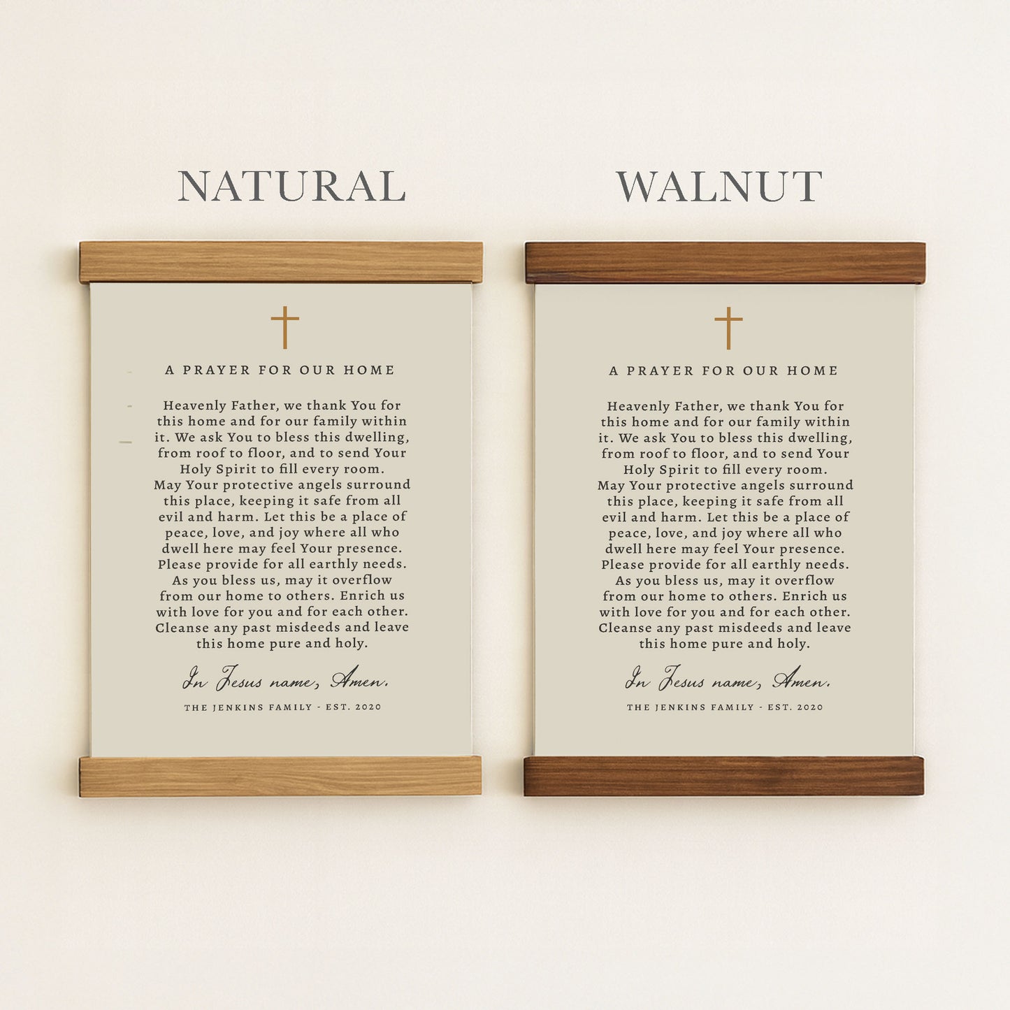 two framed prayer texts, one titled "Natural" and the other titled "Walnut", both with a wooden frame.