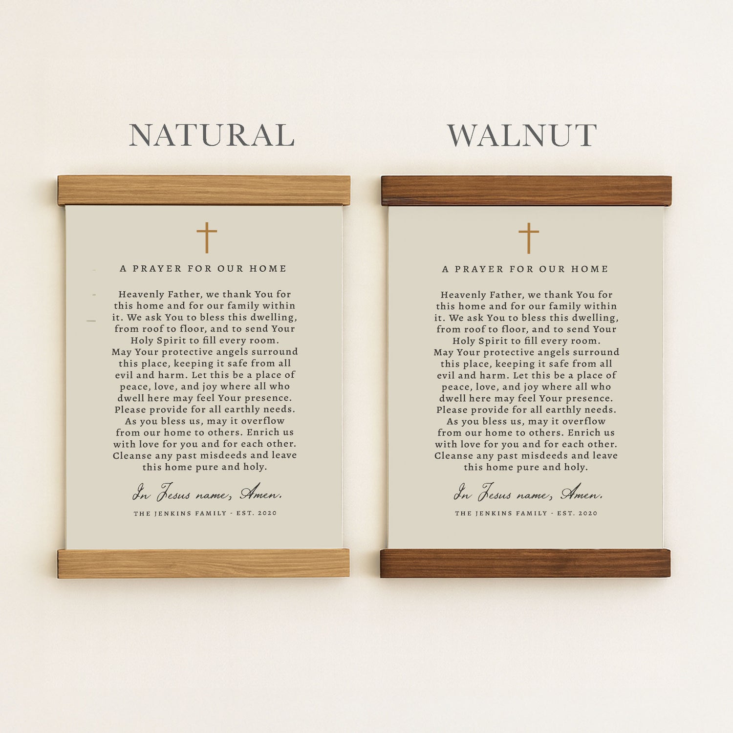 two framed prayer texts, one titled "Natural" and the other titled "Walnut", both with a wooden frame.