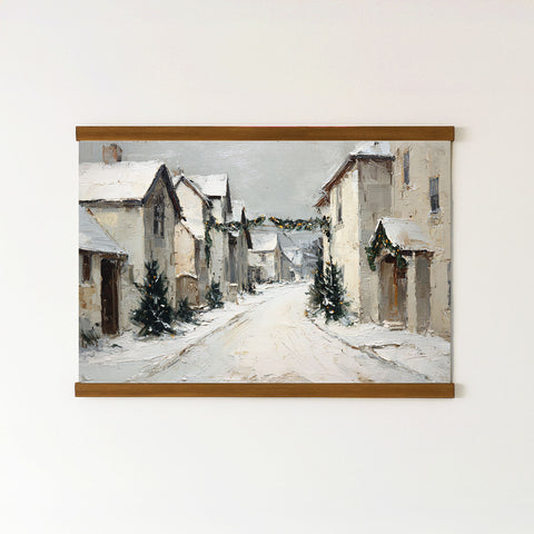 The image is a painting depicting a snowy village street with houses and trees lining the road.