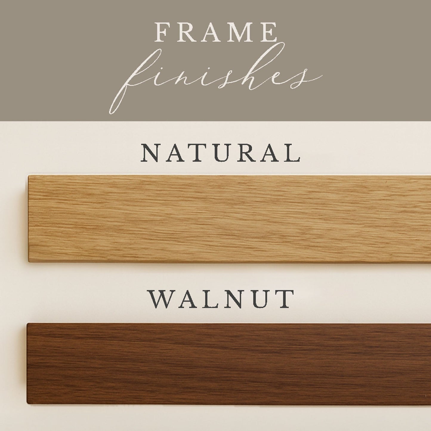 three different types of wood finish: natural, walnut, and brown.
