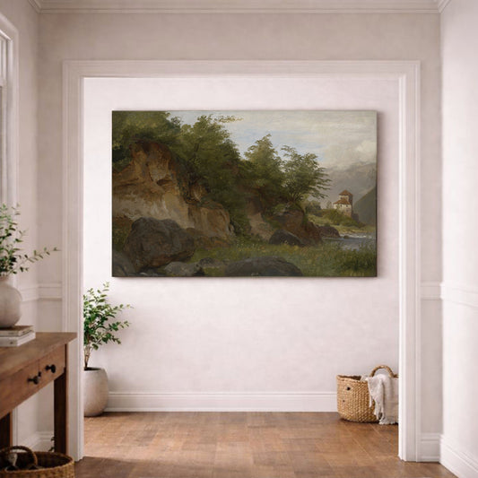 a large landscape painting hanging on a white wall in a room with a wooden floor.
