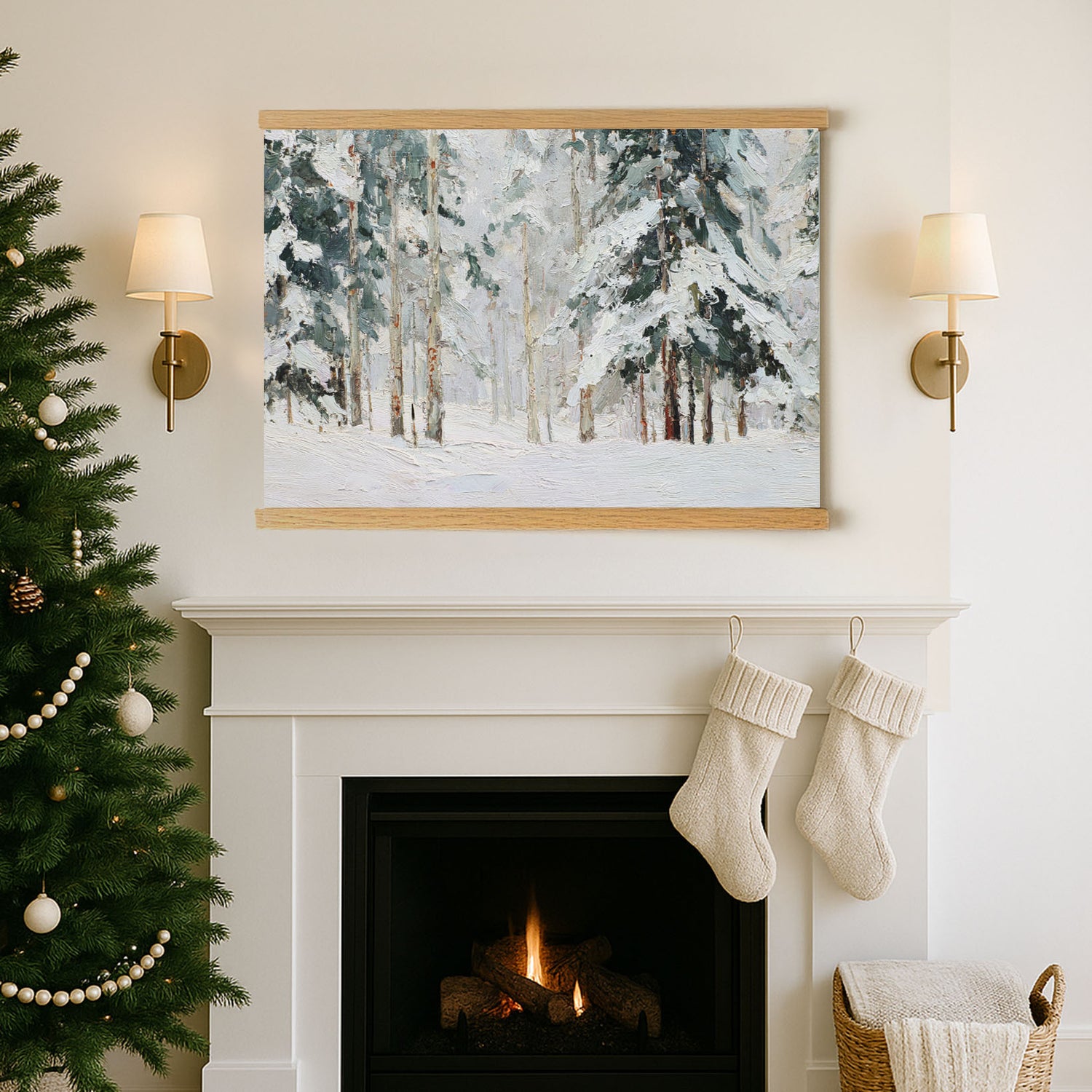 a cozy Christmas scene with a fireplace, a Christmas tree, and a framed painting of a snowy forest hanging above it.