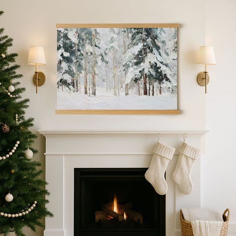 a cozy Christmas scene with a fireplace, a Christmas tree, and a framed painting of a snowy forest hanging above it.