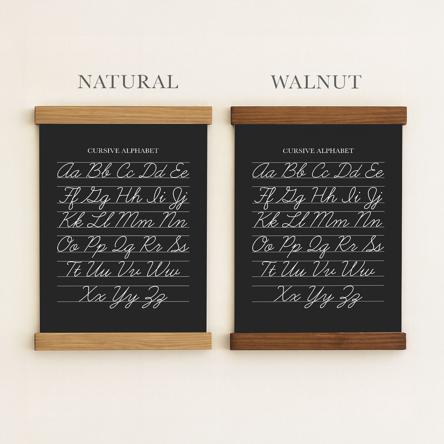 two black chalkboard-style posters, each with a different cursive alphabet. The poster on the left is labeled "Natural" and the one on the right is labeled "Walnut".