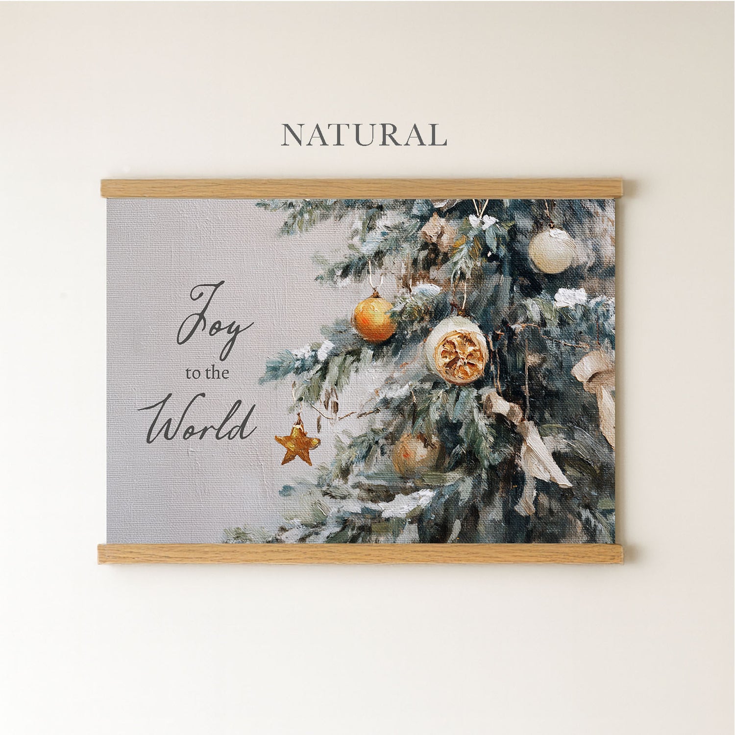 The image is a framed painting of a Christmas tree with ornaments, accompanied by the text "Joy to the World" on the frame.