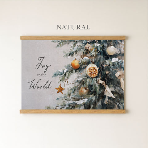 The image is a framed painting of a Christmas tree with ornaments, accompanied by the text 